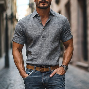 Camisa informal de lino con solapa y bolsillo de parche para hombre, manga corta