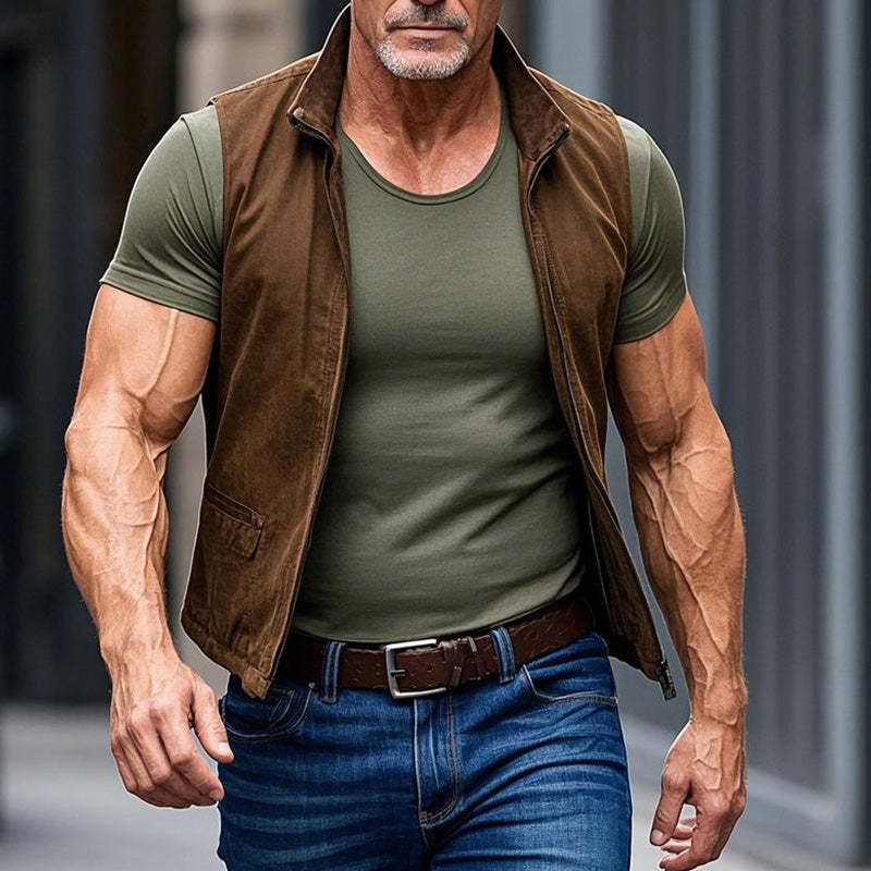 Chaleco vintage de ante marrón con cuello alto para hombre