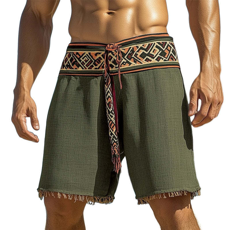Men's Summer Retro Embroidered Cotton And Linen Shorts
