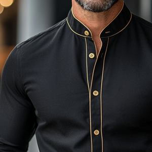 Camisa de manga larga con cuello alto, estampado retro informal con bloques de color para hombre