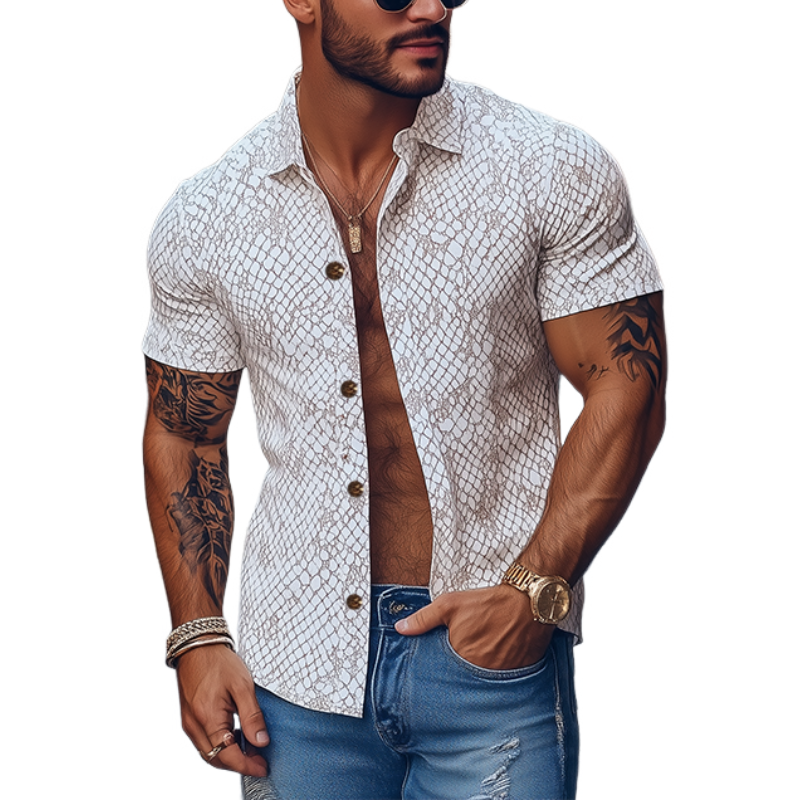 Camisa clásica de manga corta con estampado de serpiente y corte entallado para hombre