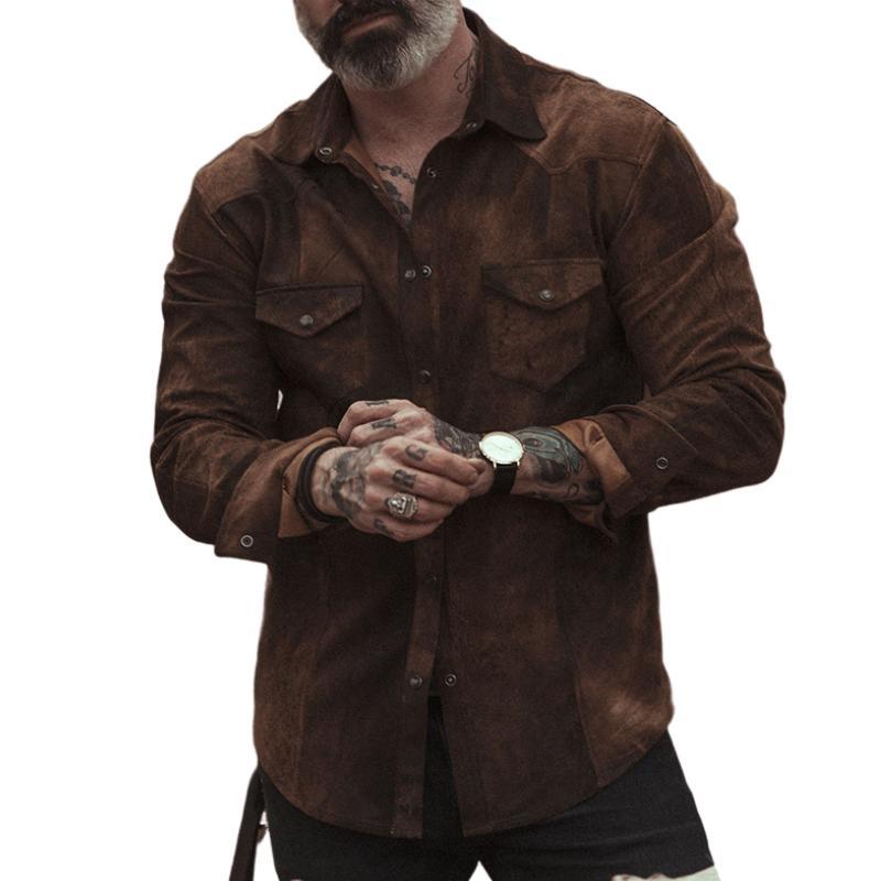 Herren Vintage Casual Wildleder Revers Langarmhemd