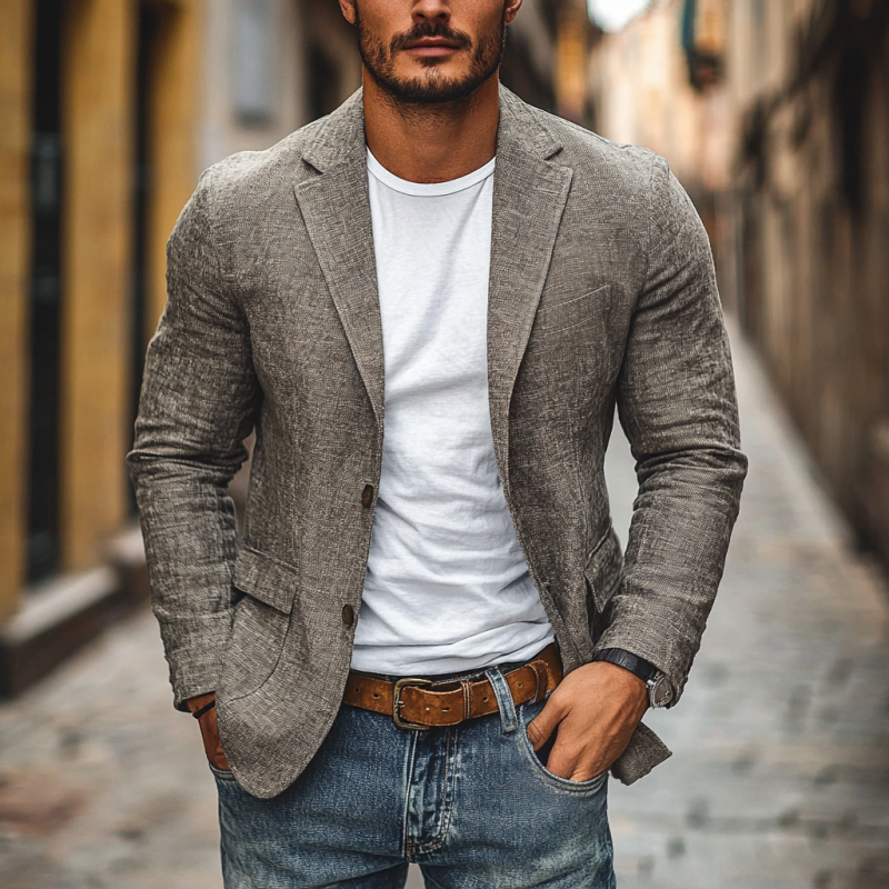 Blazer informal de lino y algodón para hombre, de corte entallado, con solapa con muesca y botonadura sencilla
