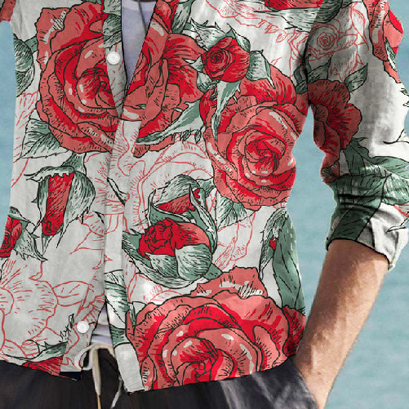Men's Floral Print Lapel Long Sleeve Shirt