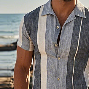 Men's Retro Casual Linen Striped Colorblock Printed Lapel Short Sleeve Shirt