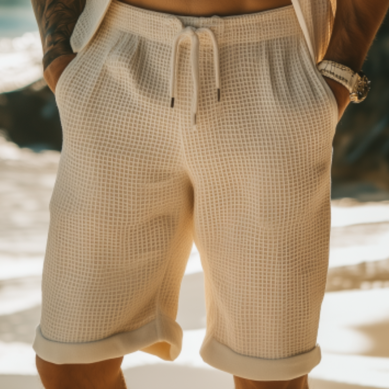 Klassische, lässige Herren-Shorts mit elastischer Taille und knielanger Waffelstruktur