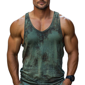 Men's Skin-friendly Breathable V-neck Retro Dark Green Printed Tank Top