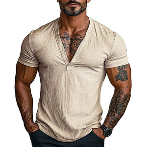 Men's Solid Color V-neck Short-sleeved Cotton T-shirt