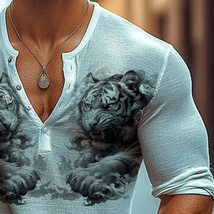 Camiseta de manga larga con cuello henley y estampado de tigre para hombre 