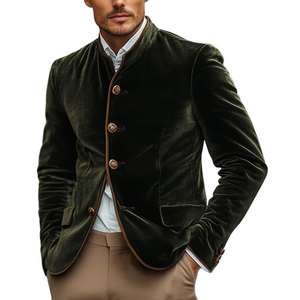 Herren Vintage Grün Samt Stehkragen Slim Jacke