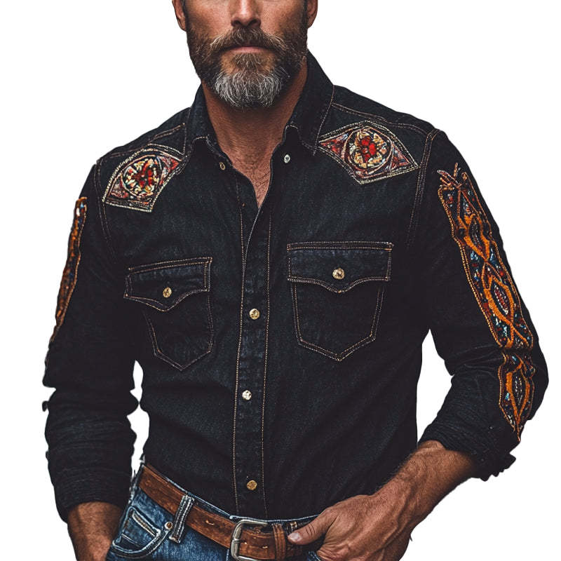 Herren-Jeanshemd im Vintage-Stil mit besticktem Revers und langen Ärmeln