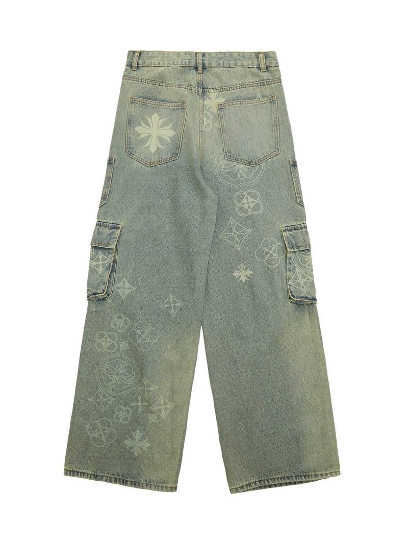 Cross Jacquard Multi Pocket Cargo Jeans