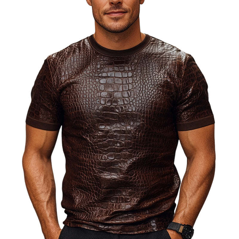 Men's Brown Crocodile Textured PU Leather Short Sleeve T-Shirt