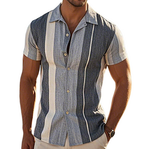 Men's Retro Casual Linen Striped Colorblock Printed Lapel Short Sleeve Shirt