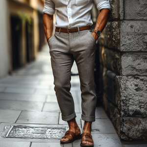 Pantalones de traje casuales, cómodos y ajustados de lino y algodón para hombre