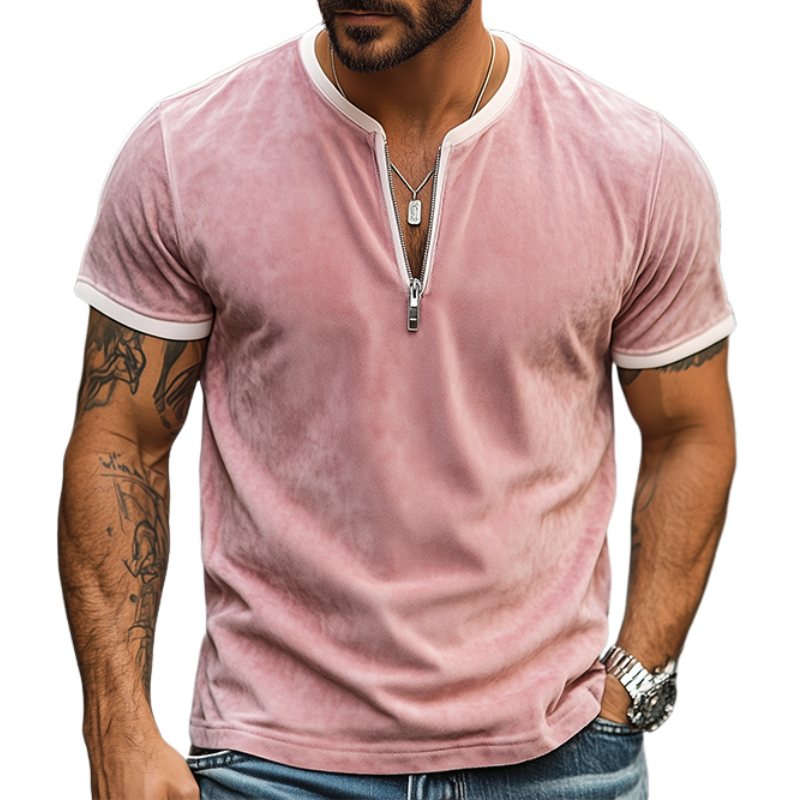 Camiseta de manga corta de gamuza con cuello en V y cremallera para hombre, de moda de primavera y verano