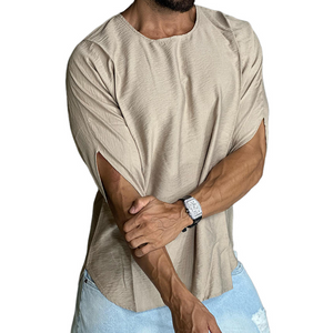 Camiseta retro informal de lino con cuello redondo plisado y manga corta para hombre