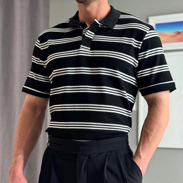 Men's Retro Casual Striped Print Lapel Short Sleeve T-Shirt