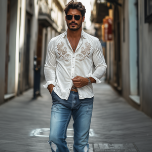 Klassisches Vintage-Langarmhemd mit Samtstickerei für Herren