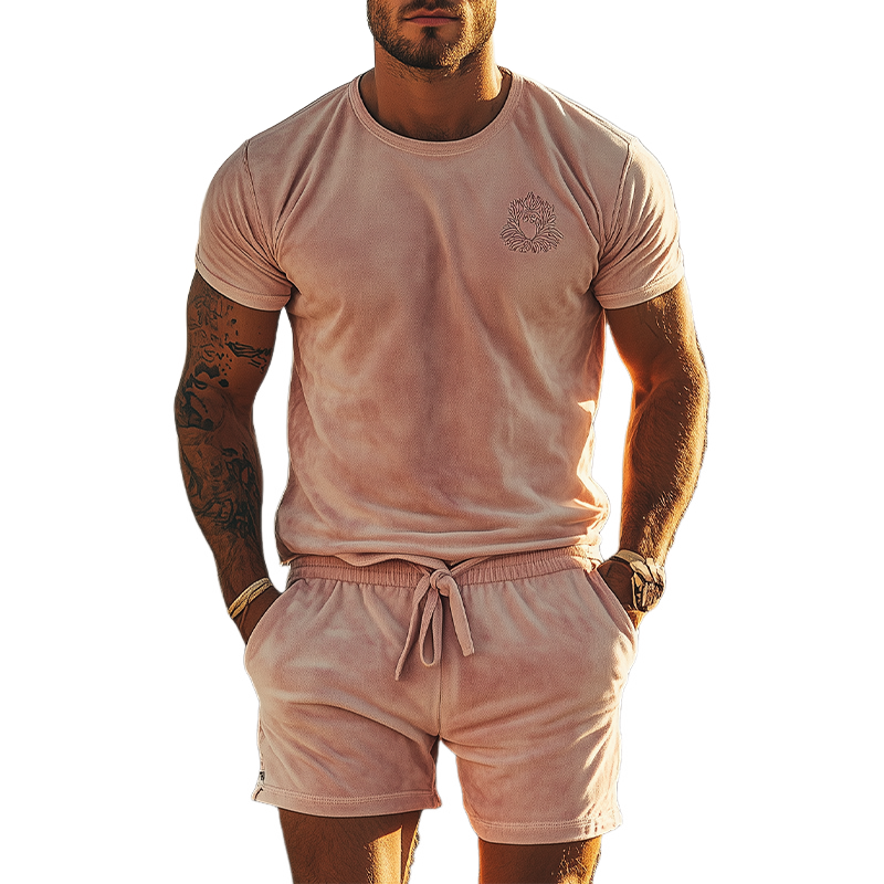 Conjunto de camiseta y pantalones cortos de manga corta de ante bordados, informal, ajustados, de moda de primavera para hombre