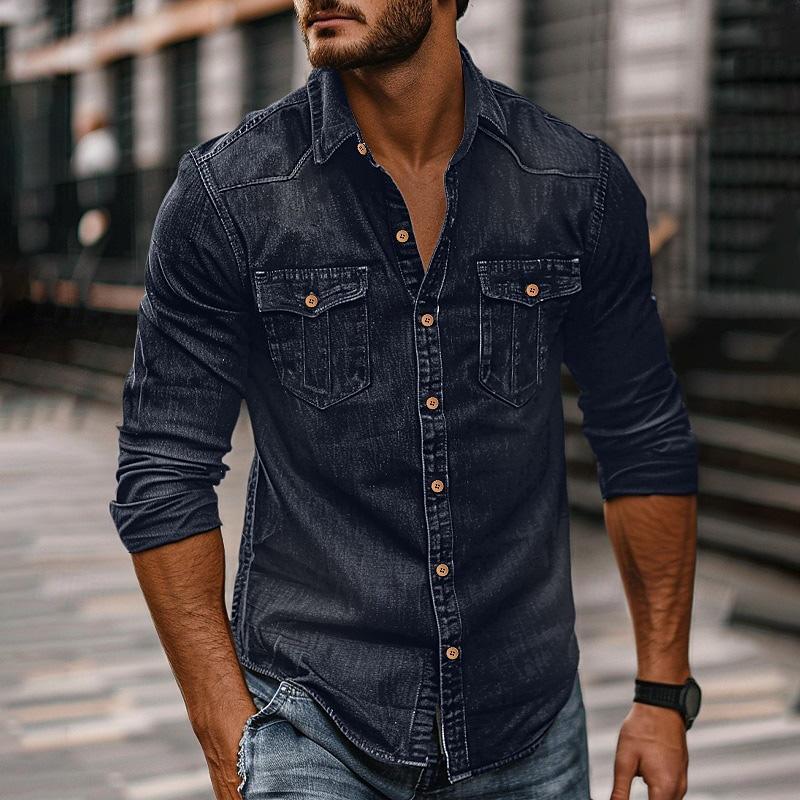 Herren-Revershemd aus gewaschenem Distressed-Denim im Vintage-Stil