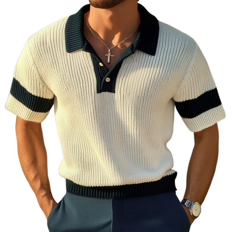 Men's Casual Contrast Lapel Slim Fit Knitted Short Sleeve Polo Shirt