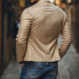 Lässige Herrenjacke aus Leinen mit Stickerei, Stehkragen, einreihig, schmale Passform