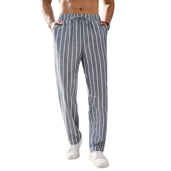 Pantalones de playa elásticos a rayas de algodón y lino para hombre 