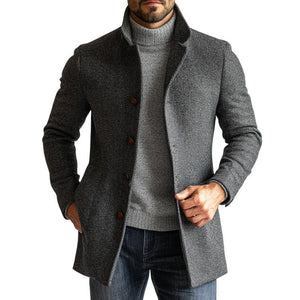 Men's Retro Herringbone Woolen Single-Breasted Mid-Length Coat