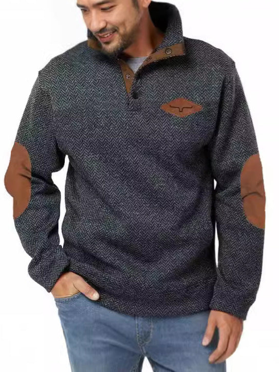 MEN'S RETRO HERRINGBONE FABRIC HENRY ELBOW PATCH COLOR BLOCKED WESTERN SWEATSHIRT