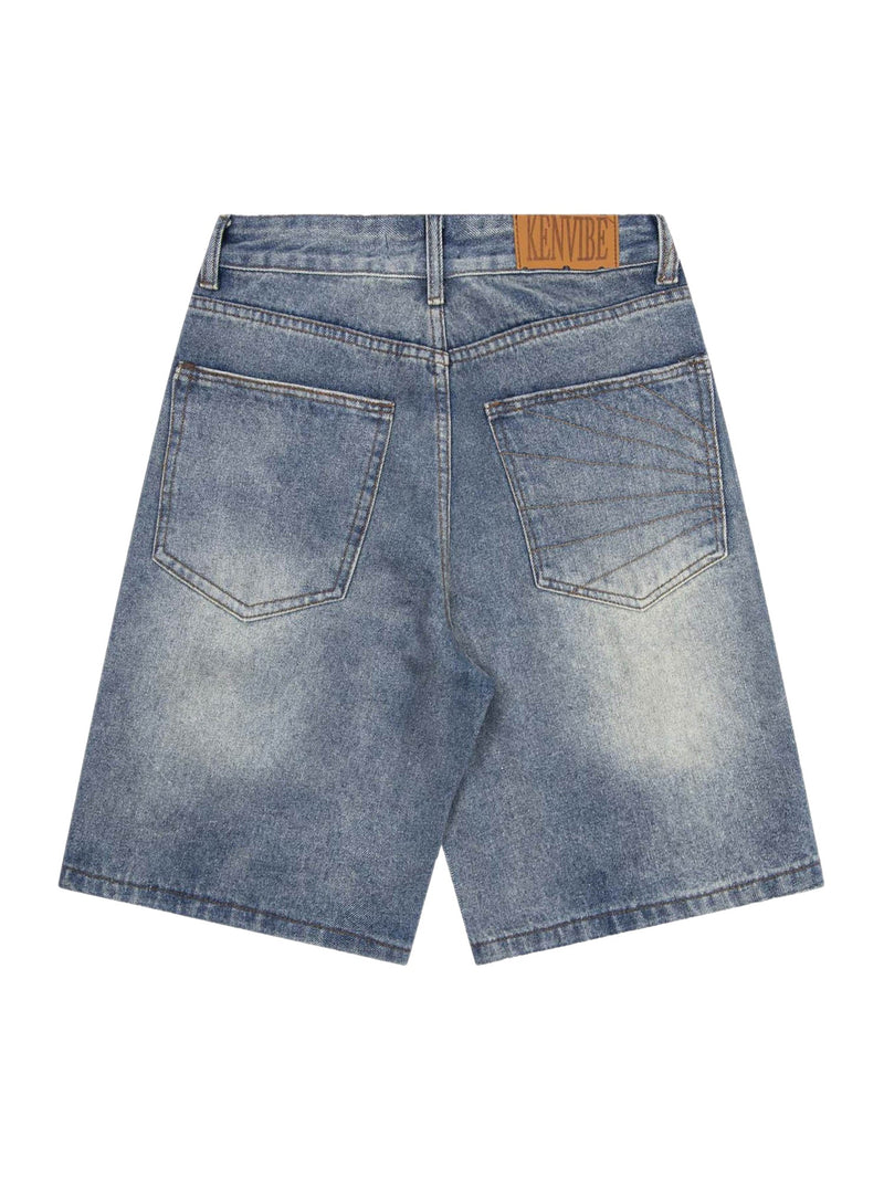 Washed Distressed Topstitch Denim Jorts