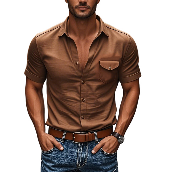 Herren-Hemd, lässig, Baumwolle, Revers, Brusttasche, einreihig, Slim Fit, kurzärmelig