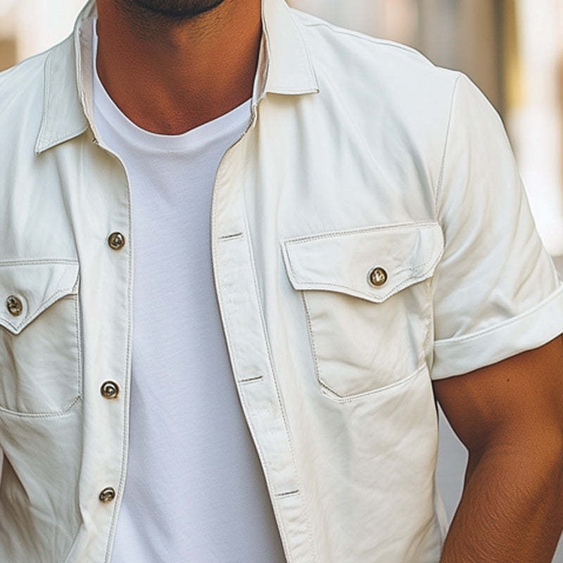 Camisa básica holgada de manga corta con solapa de verano para hombre