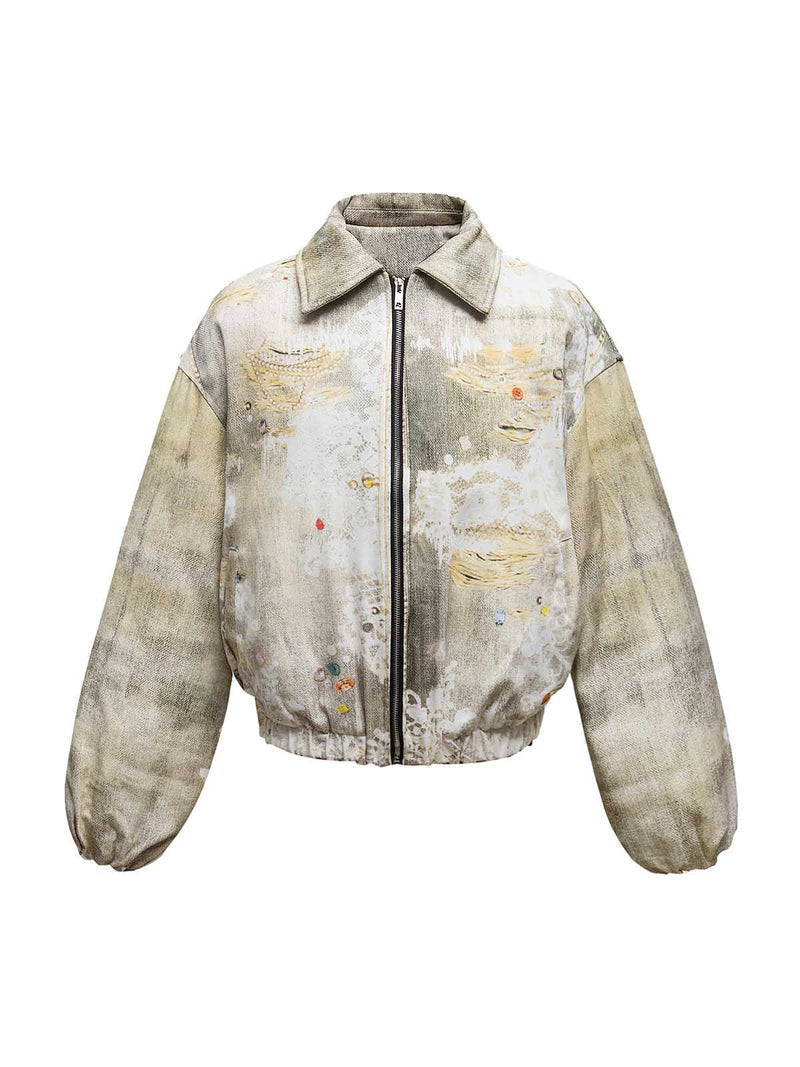 Distressed Graffiti Gradient Quilted Bomber Jacket