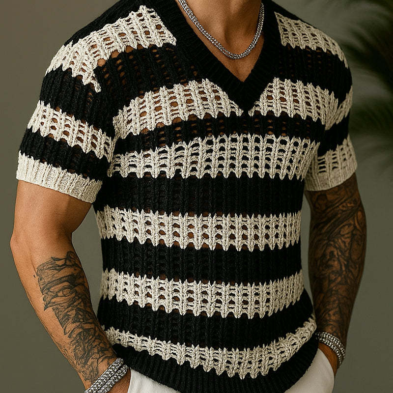 Camiseta de punto con cuello en V y manga corta para hombre en contraste de color