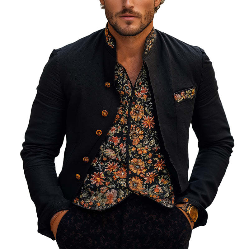 Men's Spring And Autumn Black Vintage Embroidered Stand Collar Jacket MTA2040C3U