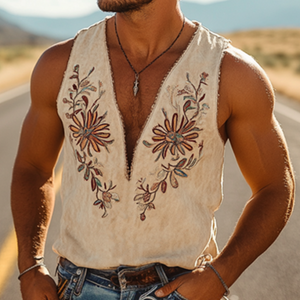 Camiseta sin mangas con cuello en V profundo, gamuza bordada, estilo vaquero del oeste americano para hombre