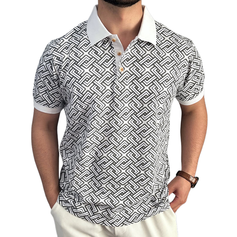 Men's Retro Casual Geometric Print Lapel Short Sleeve Polo Shirt MTA1954C7TO