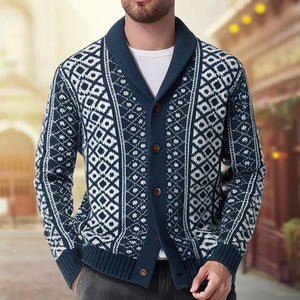 Herren-Strickjacke im Vintage-Jacquard-Stil mit Schalkragen und einreihigem Kragen