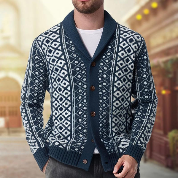 Cárdigan de punto vintage de jacquard con cuello chal y botonadura sencilla para hombre