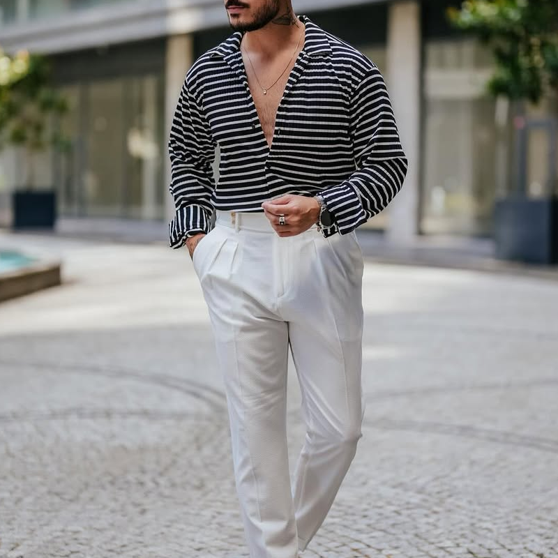 Men's Fashion Striped Lapel Long Sleeve Shirt