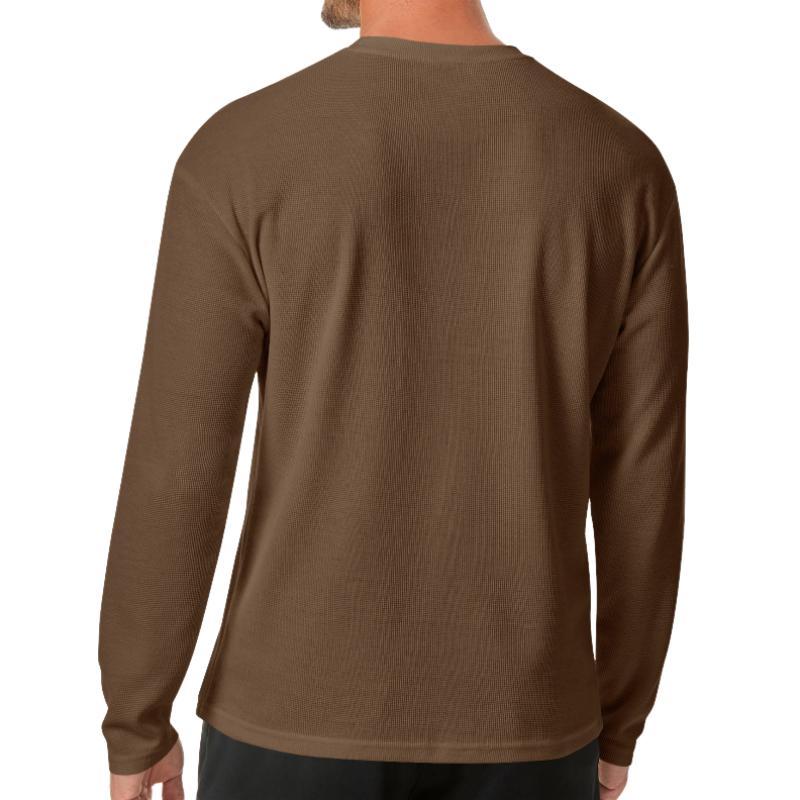 Men's Casual Waffle Round Neck Patch Pocket Slim Fit Long Sleeve T-Shirt