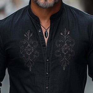 Men's Spring And Autumn Cotton And Linen Embroidered Casual Skin-friendly Shirt