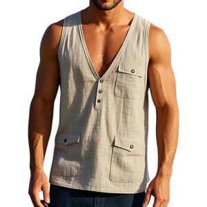 Herren-Tanktop aus Leinen im Vintage-Stil mit mehreren Taschen und V-Ausschnitt