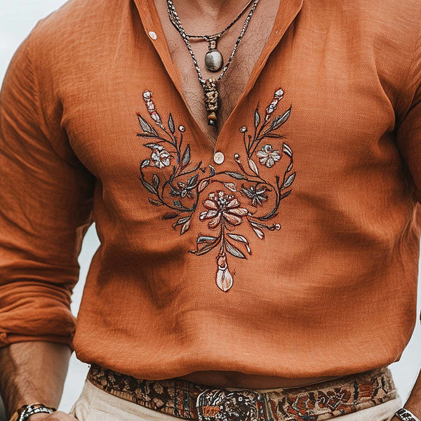 Camisa casual de manga larga con bordado vintage para hombre