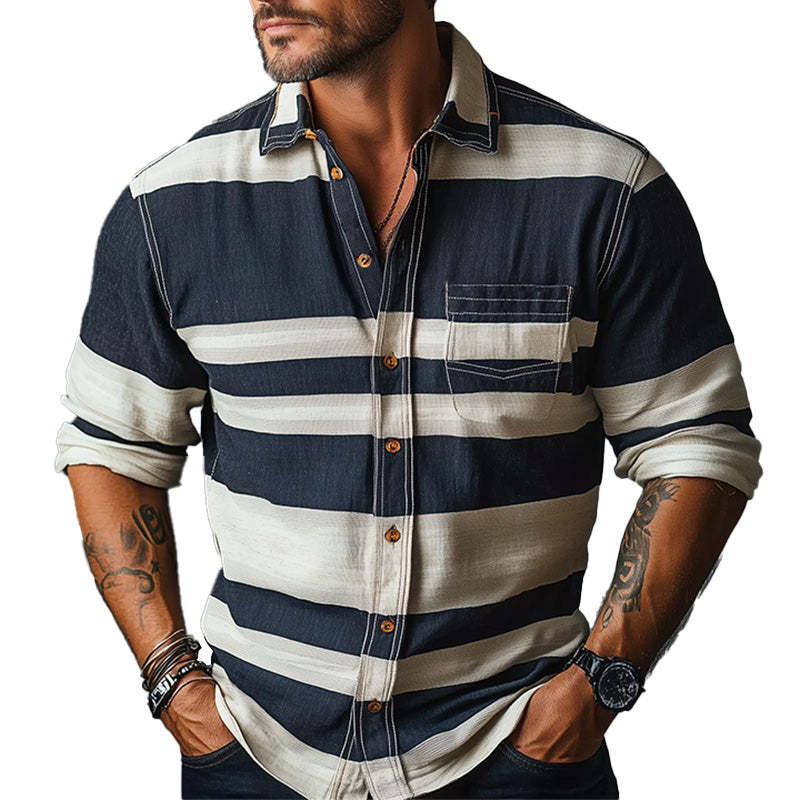 Men's Early Spring Fashion Striped Printed Long Sleeve Shirt