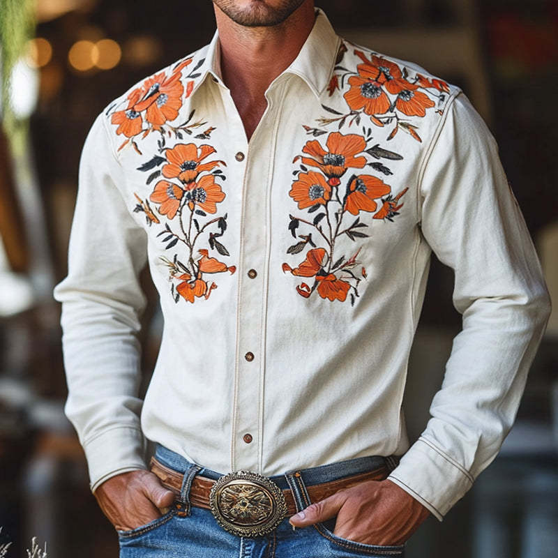 Camisa vintage de manga larga con solapa bordada para hombre