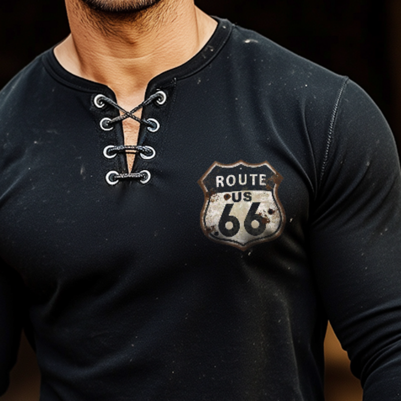 Lässiges Herren-T-Shirt mit V-Ausschnitt und langen Ärmeln im Retro-Stil mit Route 66-Aufdruck