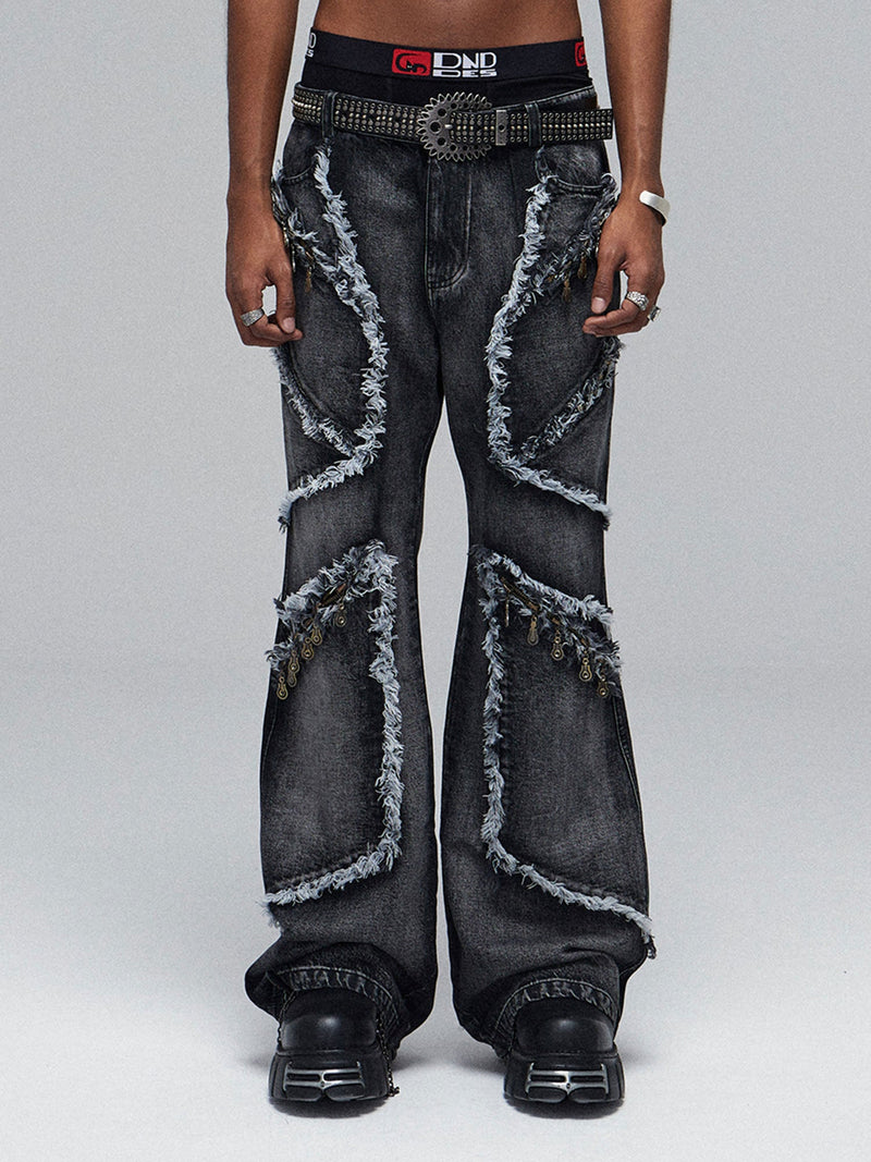 Retro Multi-Pull Washed Distressed Tassel Jeans