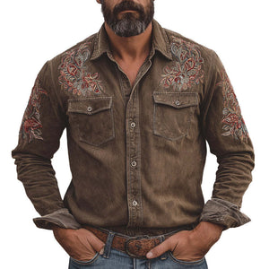 Men's Vintage Embroidered Long Sleeve Denim Shirt